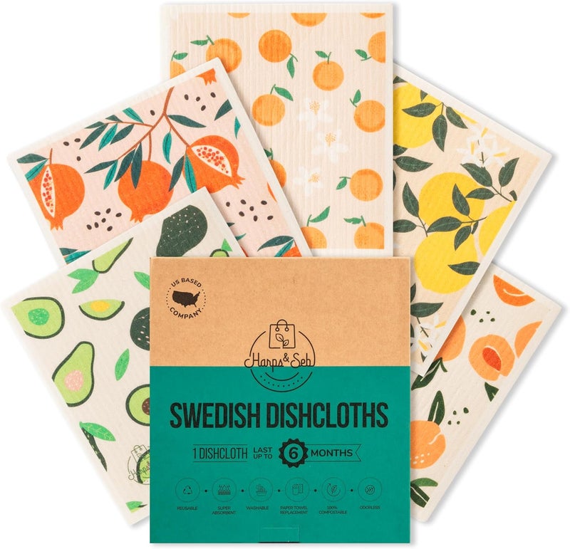 Harps&Seb Swedish Dishcloths for Kitchen Dish Towels - 5 Pack, Non-Scratch Reusable Paper Towels, Super Absorbent Washable Swedish Dish Cloths, No Odor, Biodegradable, Fruit Design - Image 1